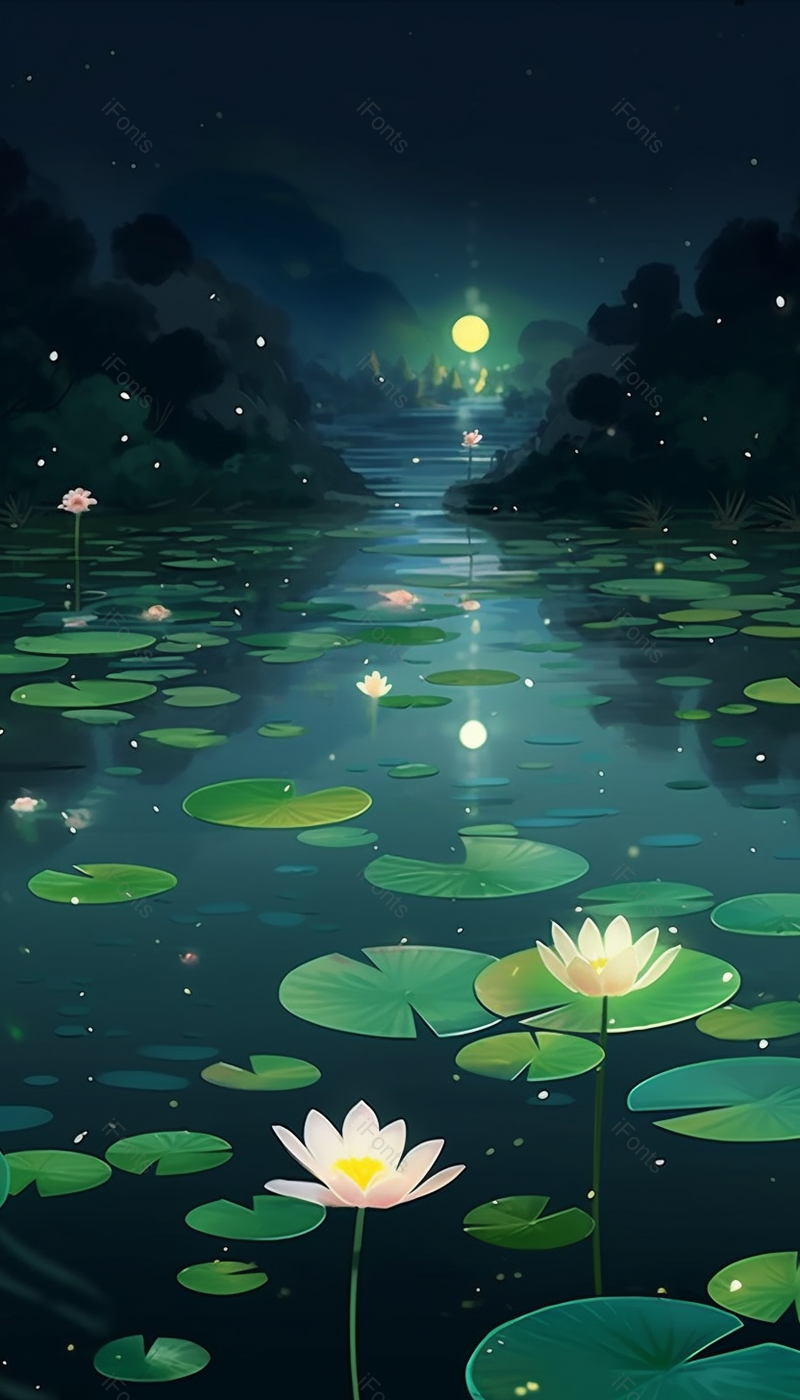 黑色夜晚月光照耀下的荷花池,插画/手绘图,插画/手绘图库,插画/手绘图下载,插画/手绘
